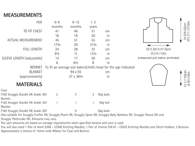 Sirdar 4931 Coat Bonnet Blanket in Snuggly Doodle DK Measurements