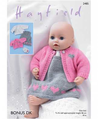 Sirdar 2485 Baby Dolls Pinafore, Cardigan, Top and Pants in Hayfield Bonus DK Measurements