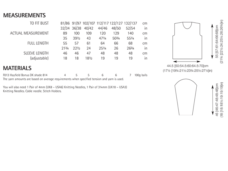 Sirdar 8285 Ladies Sweater in Hayfield Bonus DK Measurements