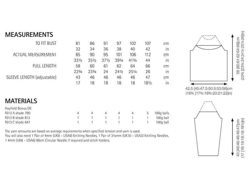 Sirdar 8290 Sweater in Hayfield Bonus DK Measurements