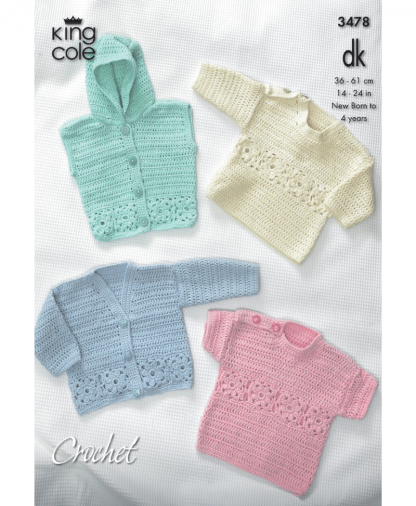 King Cole 3478 Crochet Cardigan, Hooded Gilet and Sweaters in Bamboo Cotton DK