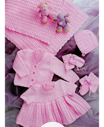 UK Hand Knit Assoc Double Knit Cardigan, Dress, Shawl, Hat, Mittens and Booties (UKHKA036)