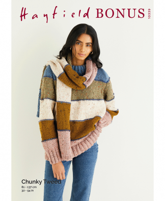 Sirdar 10339 Blanket Stitch Sweater and Scarf in Hayfield Bonus Chunky Tweed