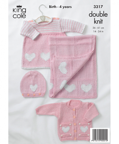 King Cole 3317 Baby "In The Pink" Cardigan, Dress, Hat and Blanket in Bamboo Cotton DK